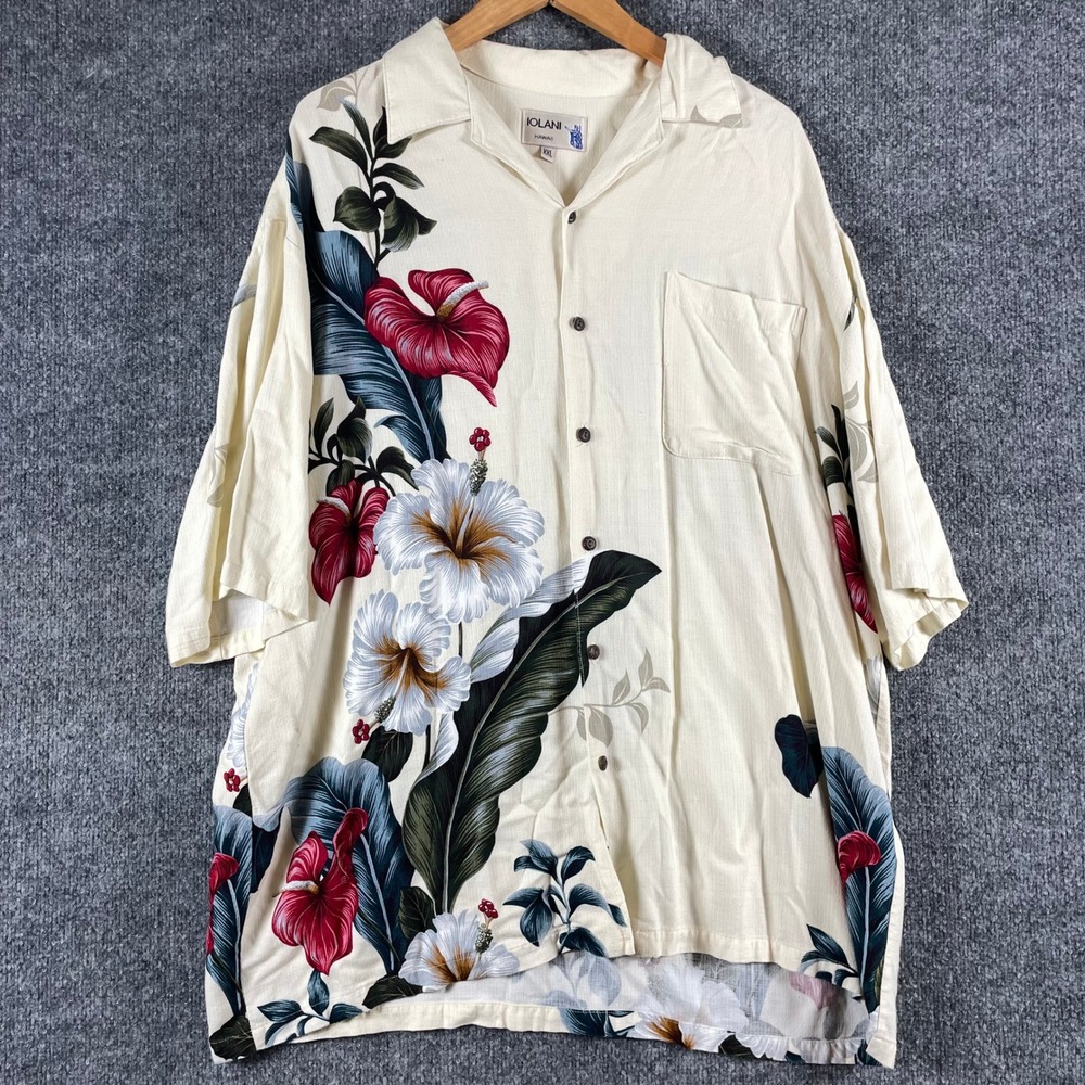 VTG Iolani Hawaiian Shirt Mens XXL White Tropical Hibiscus Floral Rayon Retro
